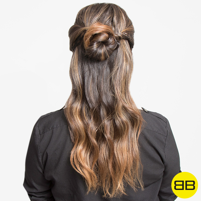 #BubblesBesties Air Dry Hair Styles | Image of Finished Look on Heather - Half Twist + Fun Bun