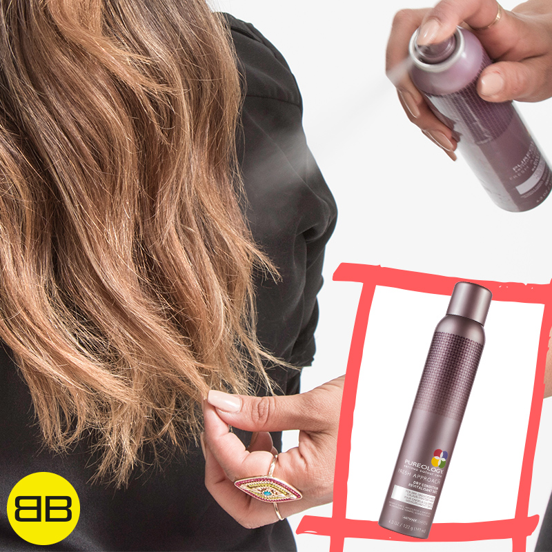 #BubblesBesties Air Dry Hair Styles | Half Twist, Step 5: Image of bottom of Heather's hair style, Saba sprays Pureology Fresh Approach Dry Conditioner to ends, inset image of Pureology Fresh Approach Dry Conditioner