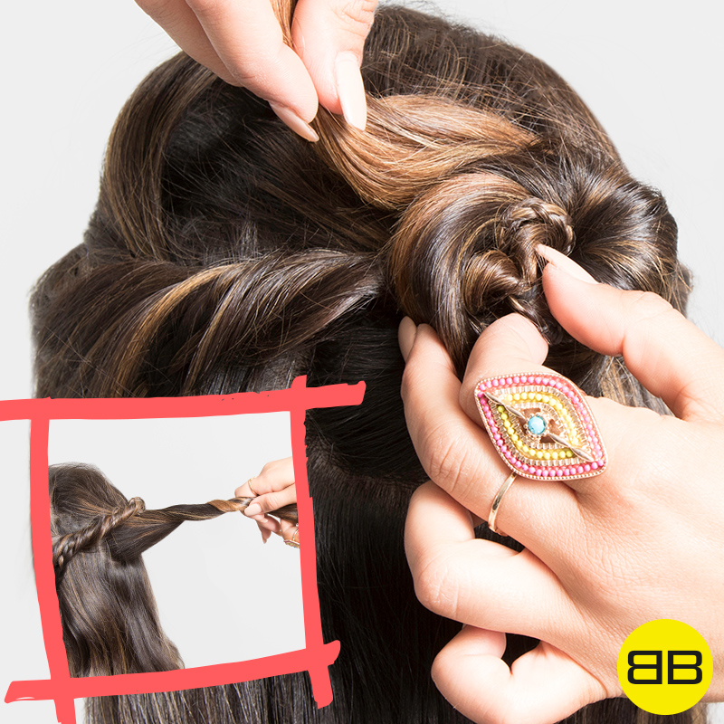 #BubblesBesties Air Dry Hair Styles | Half Twist + Fun Bun, Step 6: Image of Saba's hand securing bun in Heathers hair with bobby pins, inset image of Saba holding twisted 2 inch section of Heather's hair