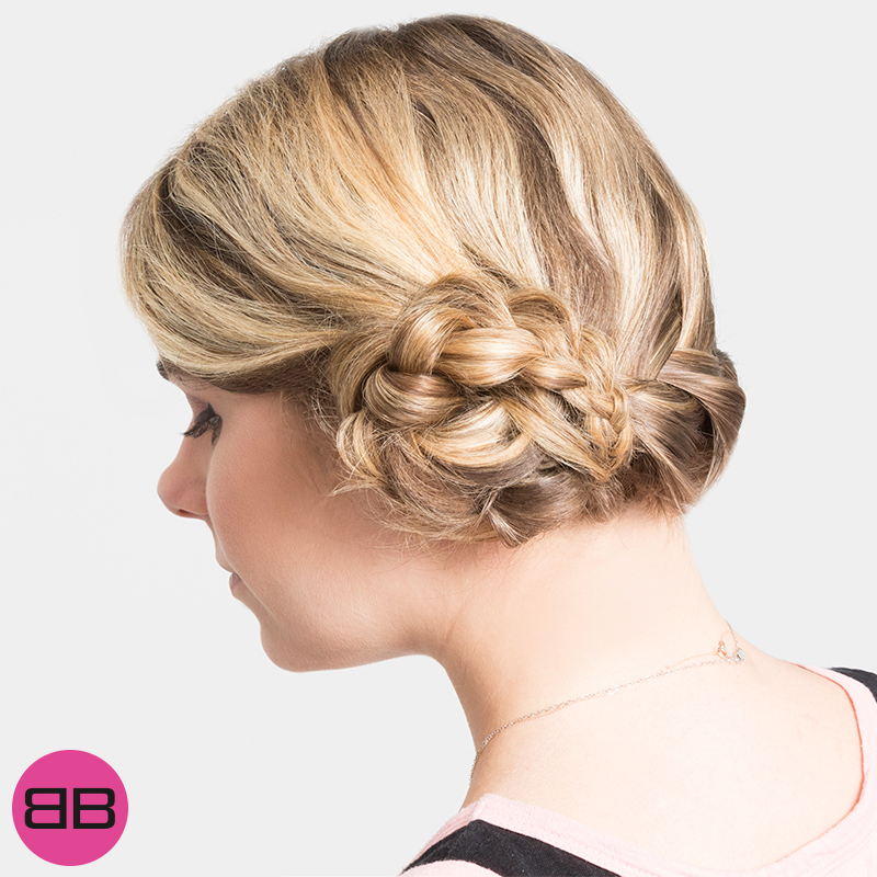#BubblesBesties Air Dry Hair Styles | Side Tuck , Step 5: Image of Amanda's finished hair style, a French side braid wrapped around to create a side bun