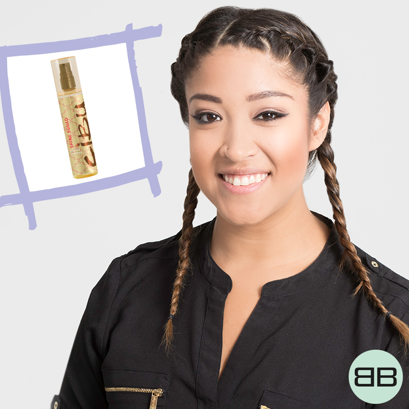 #BubblesBesties Air Dry Hair Styles | Bedhead + Boho Band, Step 1: Heather with two braided pigtails, inset image of Cibu Shine Squad Argan Oil Treatment
