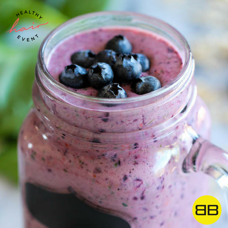 Top 3 Ways Stress Wrecks Your Hair | Image of blueberry smoothie