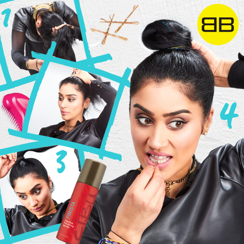 Party Perfect with Sigma Beauty | Image of Saba creating a top knot in 4 step