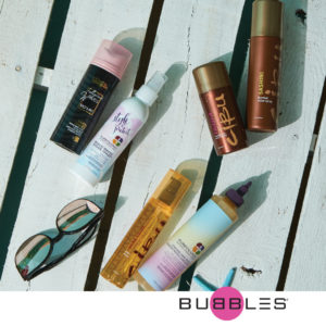 Image of several haircare products with heat protecting benefits including Pureology Vinegar Rinse and Cibu Shine Squad Argan Oil Treatment