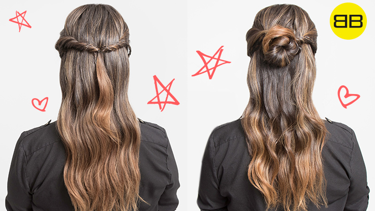 Two air dry hair style finished looks. Left: half up twist ponytail; Right: right half up bun on long hair brunette model, Bubbles Bestie and Salon Pro Heather Ramos