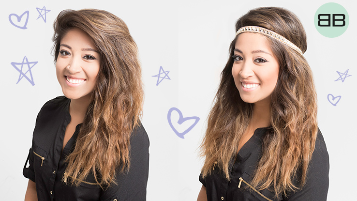 #BubblesBesties Air Dry Hair Styles | Boho Headband Wrap: 2 views of finished looks on model Heather's brown wavy hair